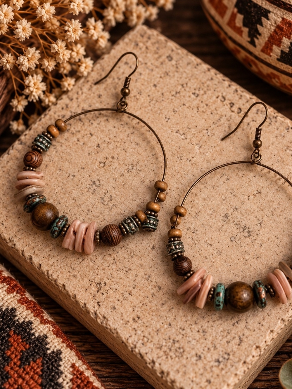 Bohemian Western Pink Brown Blue Beaded Hoop Earrings New